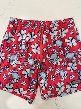 Vineyard Vines Red Floral & Crab Print Swim Trunks